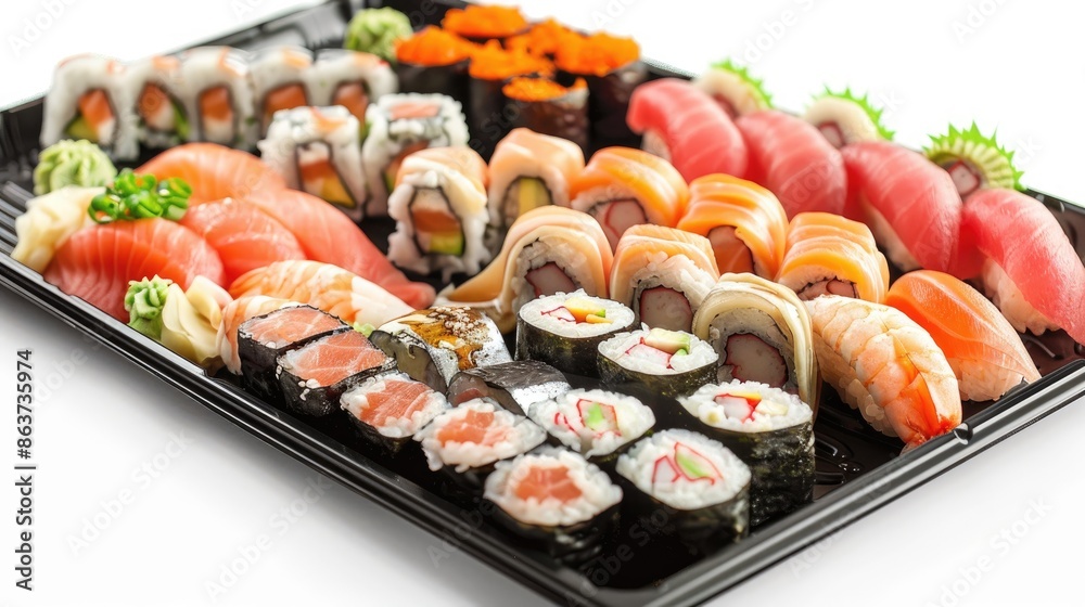 Sushi platter against white backdrop Sushi platter against white backdrop