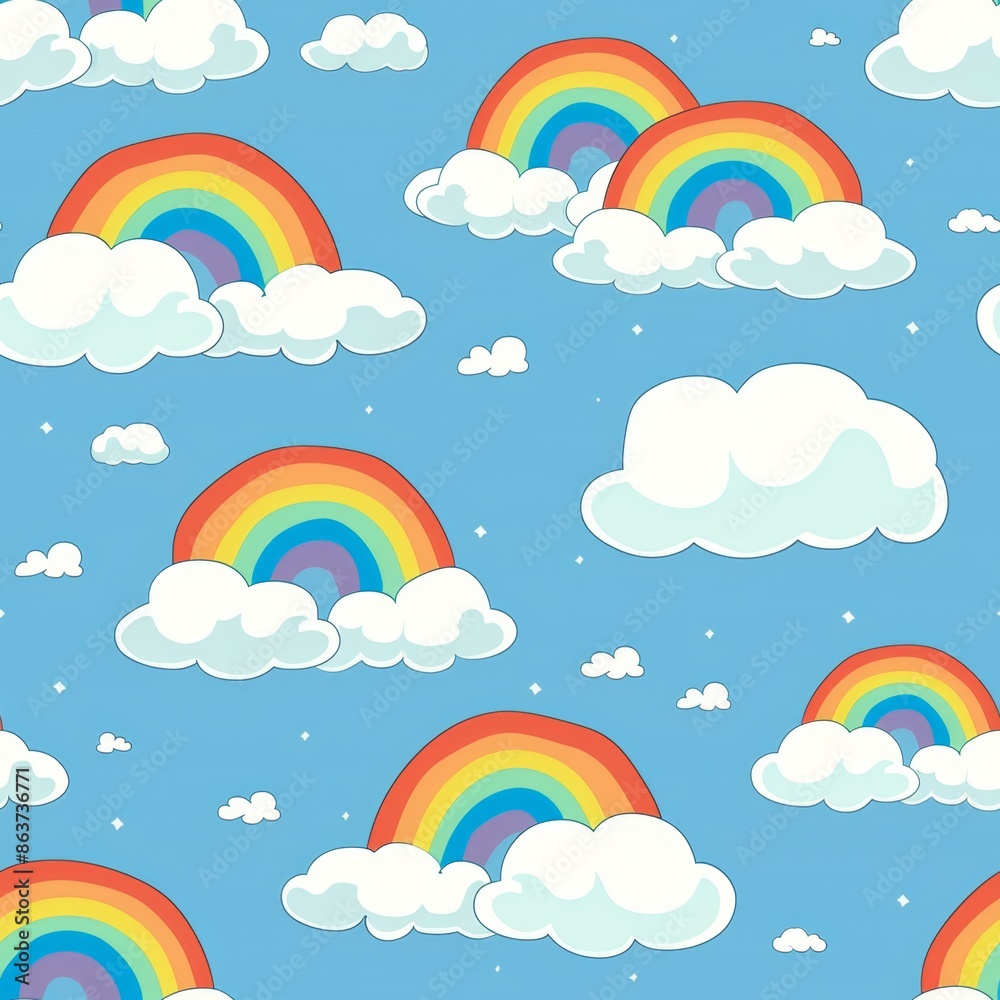 Rainbow pattern with clouds and blue sky. Colorful seamless background for children, textile, fabric, wallpaper. Rainbow pattern with clouds and blue sky. Colorful seamless background for children, textile, fabric, wallpaper.