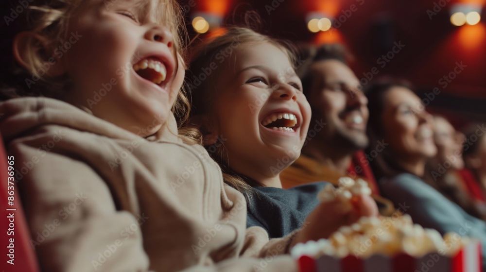 this cheerful family scene, parents and kids share the excitement of a movie, their faces glowing with happiness, and their hands reaching for popcorn this cheerful family scene, parents and kids share the excitement of a movie, their faces glowing with happiness, and their hands reaching for popcorn