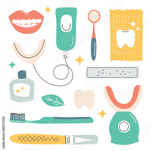 Vector illustration of a teeth whitening kit set in flat cartoon style. Includes LED light whitener, gels, pens, strips, and other dental tools for home use, for dental care and oral hygiene designs