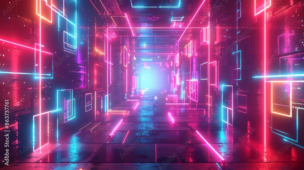 Neon lights and geometric shapes create a colorful and abstract cyberspace illustration Neon lights and geometric shapes create a colorful and abstract cyberspace illustration