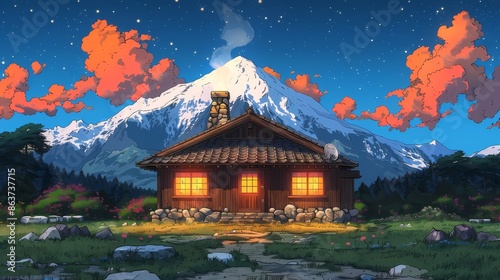 Quaint glowing house at night in lake Anime style illustration, anime background