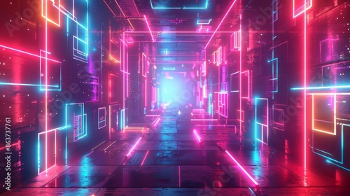 Neon lights and geometric shapes create a colorful and abstract cyberspace illustration