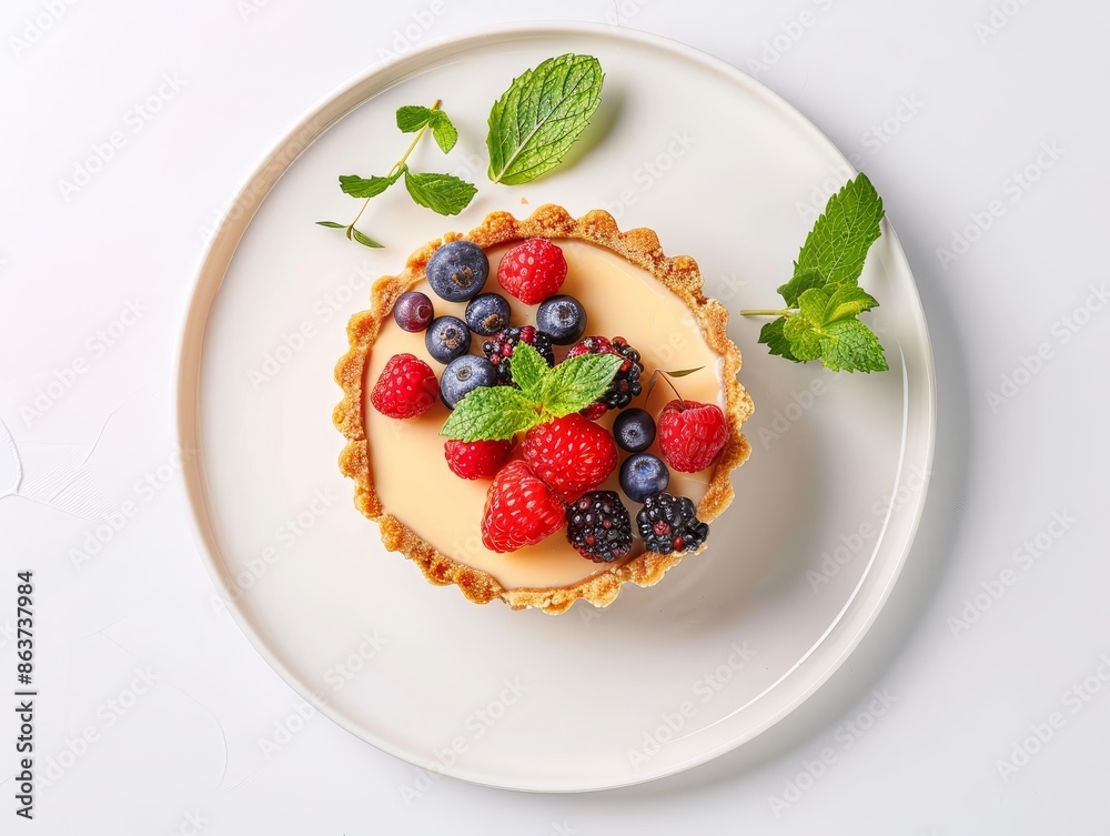 Isolated overhead view of a creamy cheesecake with golden crust, garnished with blueberries, strawberries, and mint Isolated overhead view of a creamy cheesecake with golden crust, garnished with blueberries, strawberries, and mint