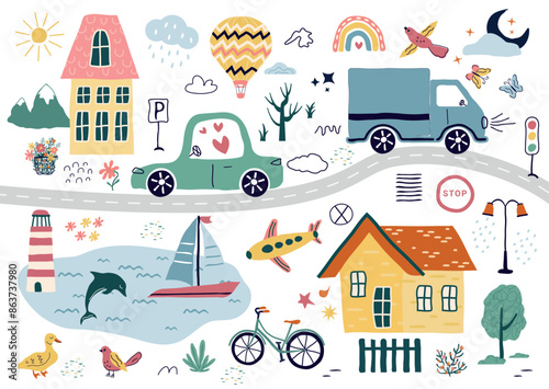 a modern set, creator with hand drawn cars, signs, roads,  a tree. A cartoon element isolated on a white background. for print, children, paper, print. vector illustration in the style of trending art