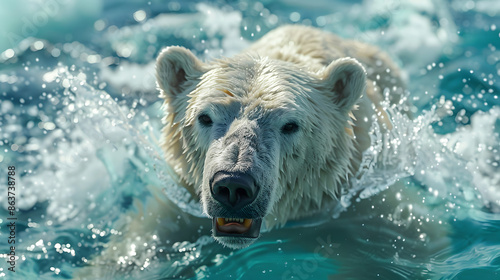 Polar bear swimming in Arctic waters amid icebergs © Akash Tholiya