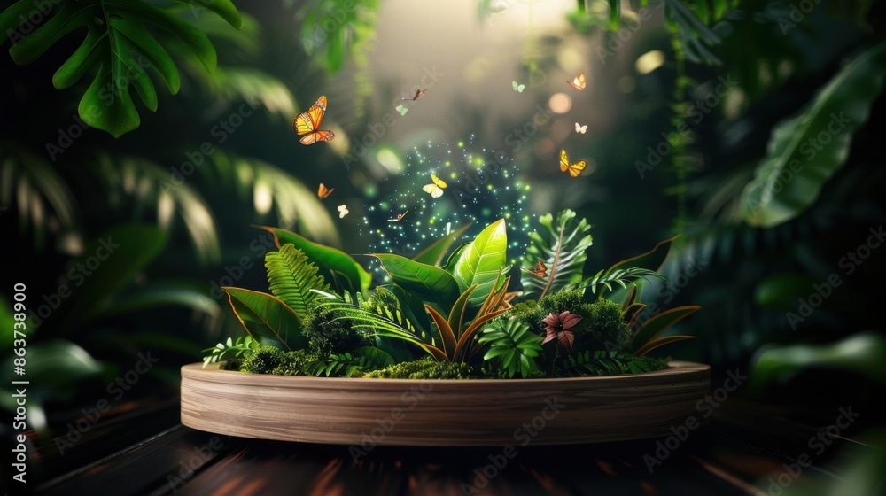 A futuristic wooden podium in a forest with holographic leaves and digital butterflies, Scifi, Hologram, Bright Colors A futuristic wooden podium in a forest with holographic leaves and digital butterflies, Scifi, Hologram, Bright Colors