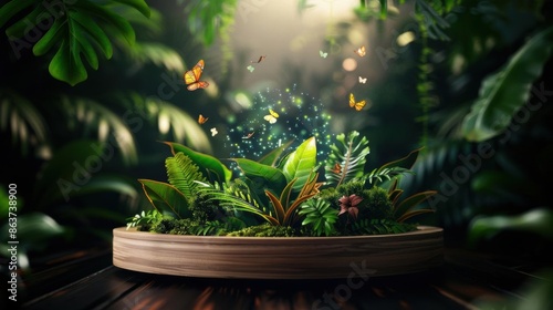 A futuristic wooden podium in a forest with holographic leaves and digital butterflies, Scifi, Hologram, Bright Colors