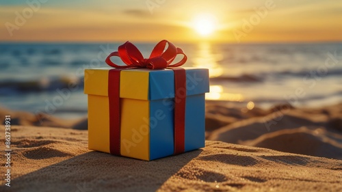 gift box on yellow background. Daylight saving time end, real estate concept and blurred landscape of river beach Blue sky with sunset 