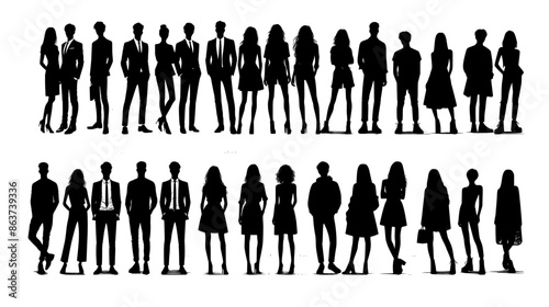 Vector silhouettes of men and a women, a group of standing business people, black color isolated on white background