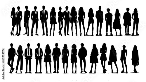 Vector silhouettes of men and a women, a group of standing business people, black color isolated on white background