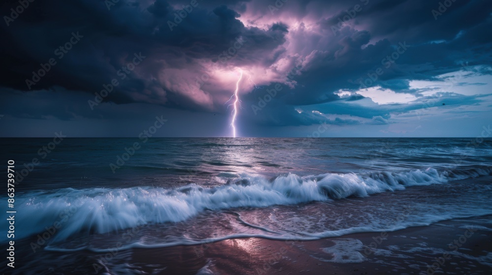 Fototapeta premium A lightning bolt hitting the ocean on a stormy day