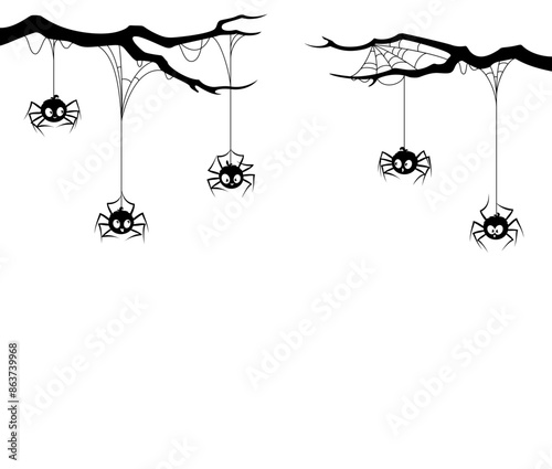 Spider border with tree branches and cobweb, Halloween holiday. Vector black funny arachnid characters hanging on strings down the webs. Venom scary spinner personages on spiderwebs, decorative frame