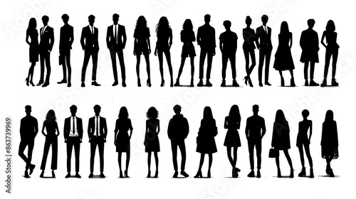 Vector silhouettes of men and a women, a group of standing business people, black color isolated on white background