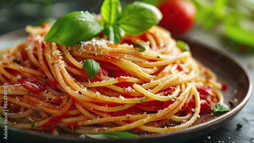 Spaghetti bolognese. Appetizing spaghetti rolled on fork with typical Italian sauce. Spaghetti pasta with tomatoes and herbs in black bowl with fork