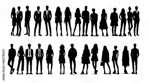 Vector silhouettes of men and a women, a group of standing business people, black color isolated on white background