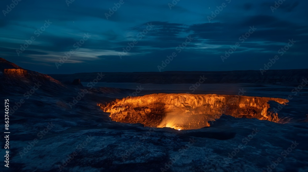Fototapeta premium 3. Experience the haunting beauty of Turkmenistan's Door to Hell, where the glowing flames of the natural gas crater create a striking contrast with the dark night sky.