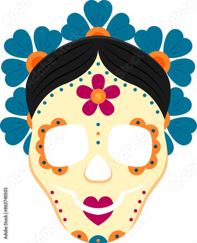 Day of the Dead Mexican calavera skull. Mexico Dia de los Muertos holiday Catrina mask or death face tattoo, Hispanic culture Halloween celebration woman skeleton head vector symbol with flower wreath