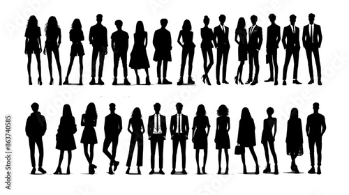Vector silhouettes of men and a women, a group of standing business people, black color isolated on white background