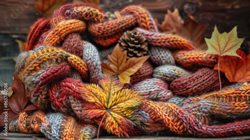 A pile of colorful knits with pine cones and leaves