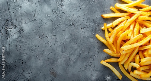 Golden French Fries on a Gray Textured Background