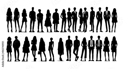 Vector silhouettes of men and a women, a group of standing business people, black color isolated on white background