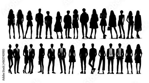 Vector silhouettes of men and a women, a group of standing business people, black color isolated on white background