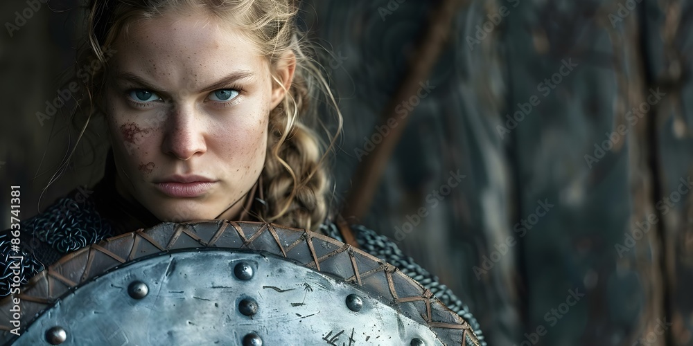 Ancient female Viking warrior in metal armor blonde hair fighting ...