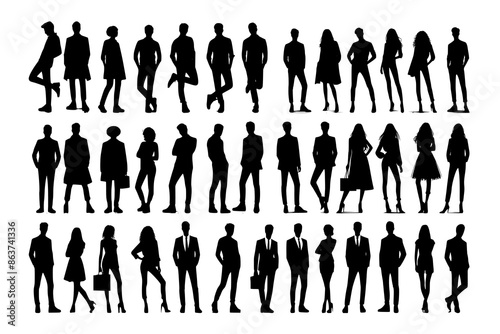 Vector silhouettes of men and a women, a group of standing business people, black color isolated on white background