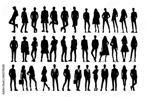 Vector silhouettes of men and a women, a group of standing business people, black color isolated on white background