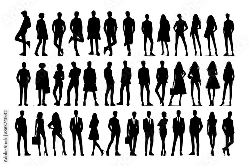Vector silhouettes of men and a women, a group of standing business people, black color isolated on white background