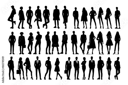 Vector silhouettes of men and a women, a group of standing business people, black color isolated on white background