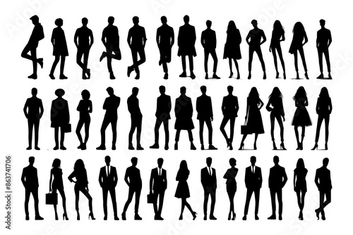 Vector silhouettes of men and a women, a group of standing business people, black color isolated on white background