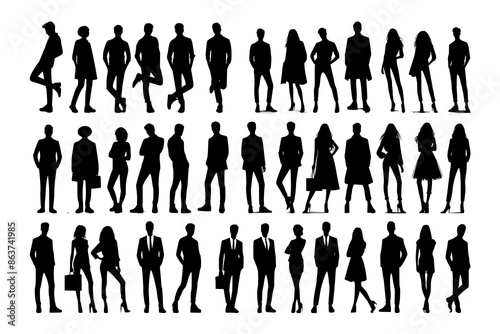 Vector silhouettes of men and a women, a group of standing business people, black color isolated on white background