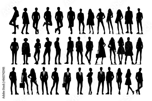 Vector silhouettes of men and a women, a group of standing business people, black color isolated on white background
