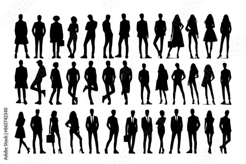 Vector silhouettes of men and a women, a group of standing business people, black color isolated on white background