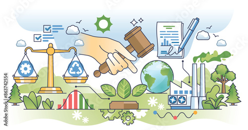 Environmental policy and ecological conservation outline hands concept. Sustainability protection with legal agreements, green deals and standards governance vector illustration. Nature protection.