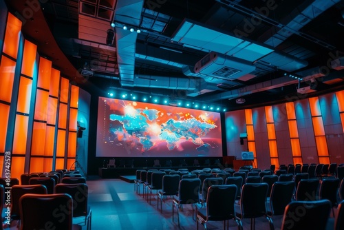 A Modern Auditorium Awaits The Audience With A Global Map Projection