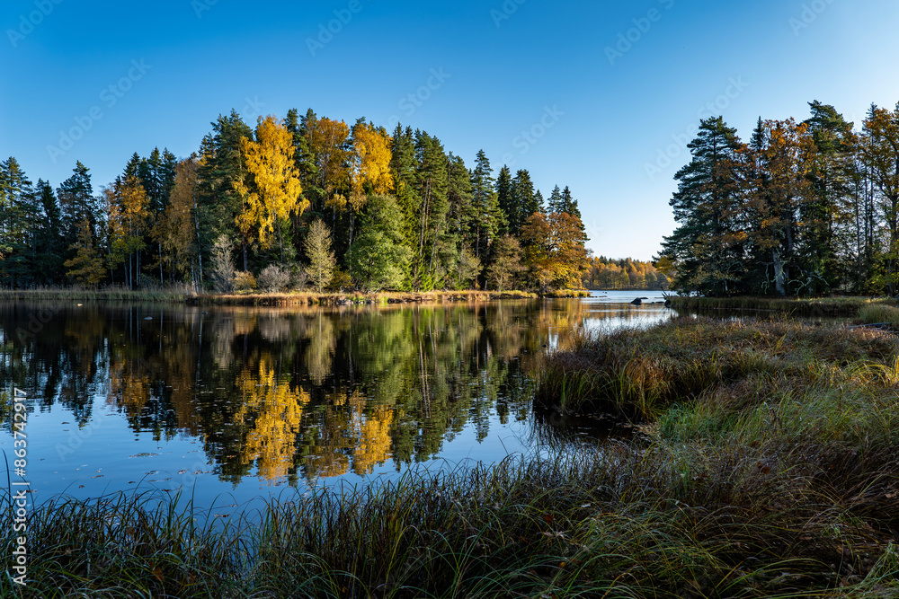 Fototapeta premium Scenic view of a salomon river labdscape in Fjarnebofjarden national park in north of Sweden