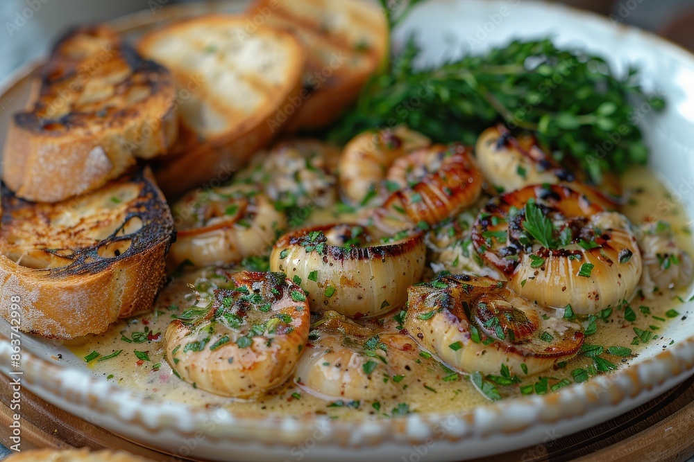 A plate of escargot, served in a garlic butter sauce with fresh herbs and a side of toasted baguette slices. A plate of escargot, served in a garlic butter sauce with fresh herbs and a side of toasted baguette slices.