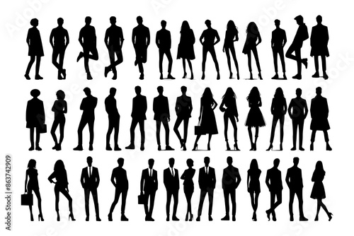 Vector silhouettes of men and a women, a group of standing business people, black color isolated on white background