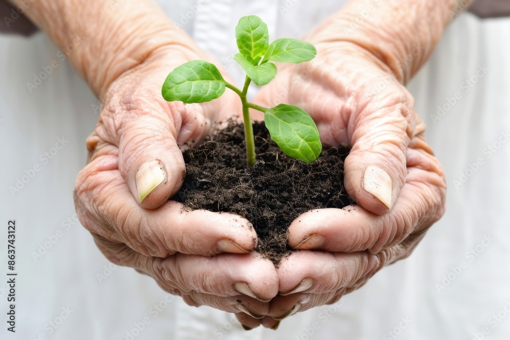 Plant in hands, young sprout, new plant growing in soil, organic farming, environment care, earth day