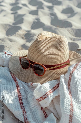 Straw Hat and Sunglasses Resting on Striped Towel at Beach