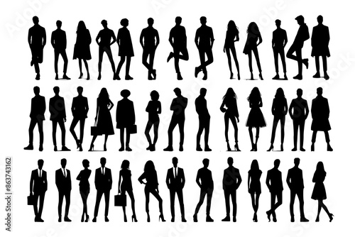 Vector silhouettes of men and a women, a group of standing business people, black color isolated on white background