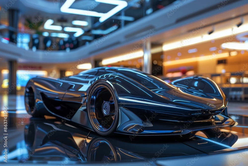 A Futuristic Black Sports Car Gleams Under the Lights of a Modern Showroom A Futuristic Black Sports Car Gleams Under the Lights of a Modern Showroom