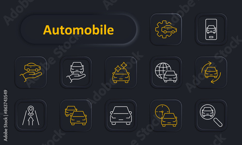 Automobile set icon. Car, hand, maintenance, online, globe, exchange, location, traffic, speed, search. Automotive services and transport concept. Vector line icon on dark background.