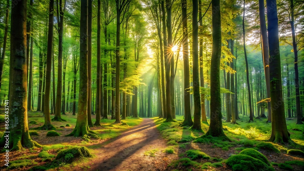 Obraz premium Sunbeams Through Forest Trees.