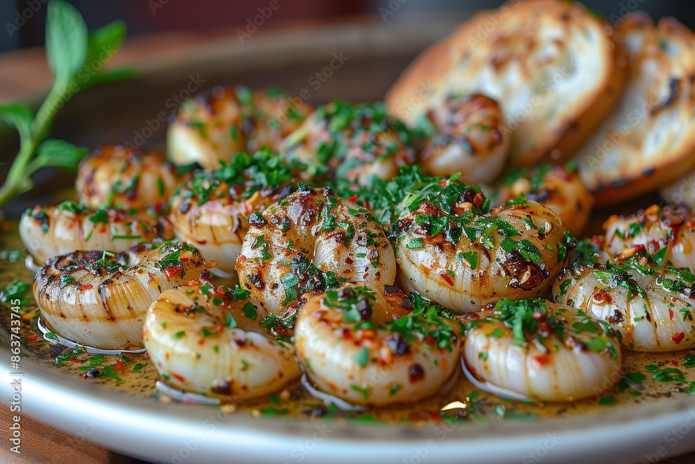 A plate of escargot, served in a garlic butter sauce with fresh herbs and a side of toasted baguette slices. A plate of escargot, served in a garlic butter sauce with fresh herbs and a side of toasted baguette slices.