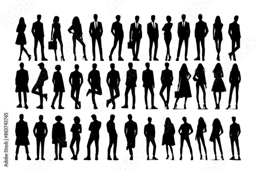 Vector silhouettes of men and a women, a group of standing business people, black color isolated on white background