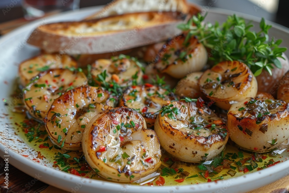 A plate of escargot, served in a garlic butter sauce with fresh herbs and a side of toasted baguette slices. A plate of escargot, served in a garlic butter sauce with fresh herbs and a side of toasted baguette slices.